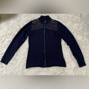 Belldini Mob Wife Bling Studded Y2K Preppy Rhinestone Zip Up Sweater Navy Blue M